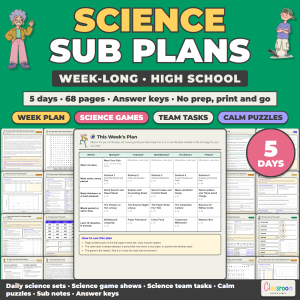 High School Science Sub Plans, Week Long Emergency Sub Plans, No Prep, 5 Days, 68 Pages