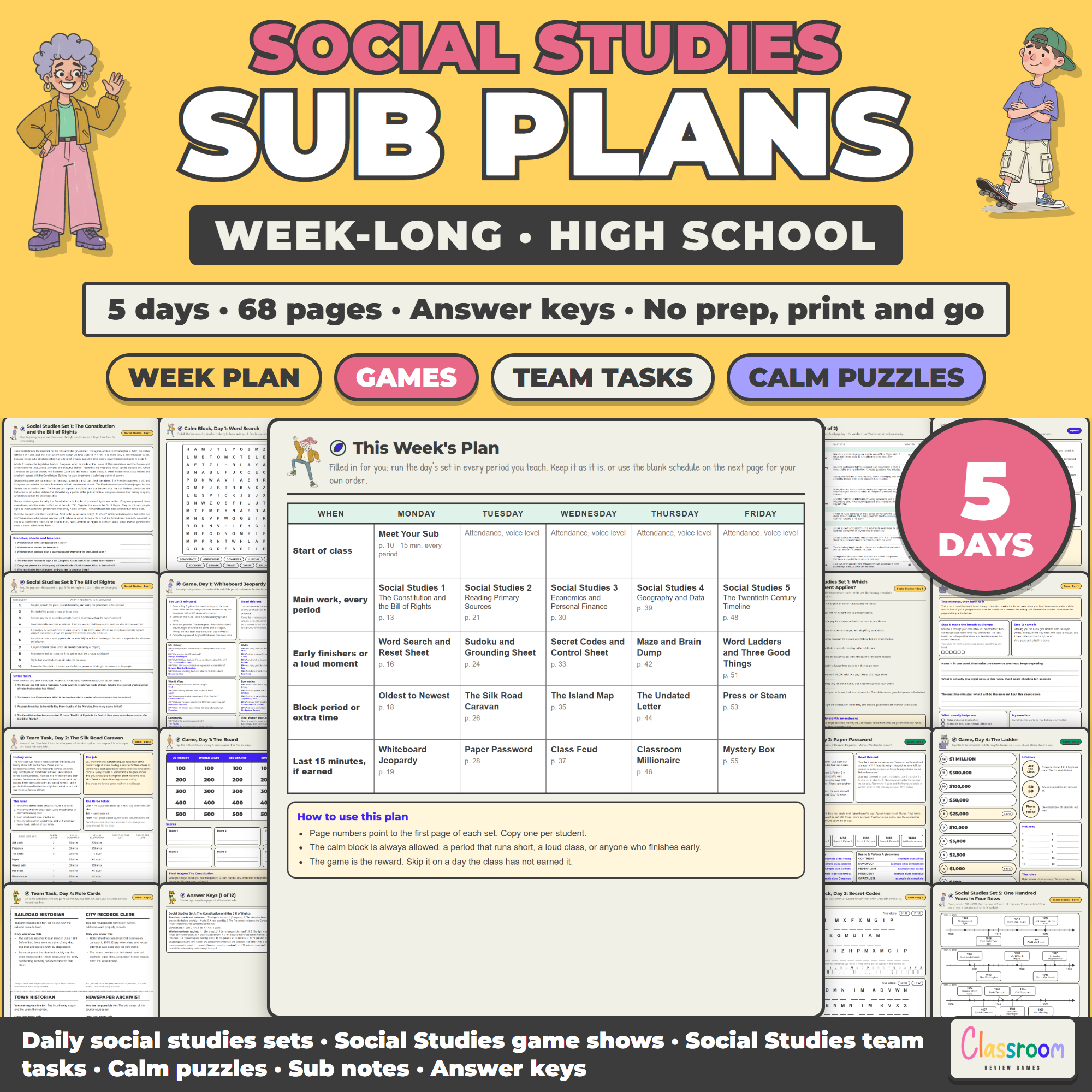 High School Social Studies Sub Plans, Week Long Emergency Sub Plans, No Prep, 5 Days, 68 Pages