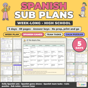 High School Spanish Sub Plans, Week Long Emergency Sub Plans, No Prep, 5 Days, 69 Pages
