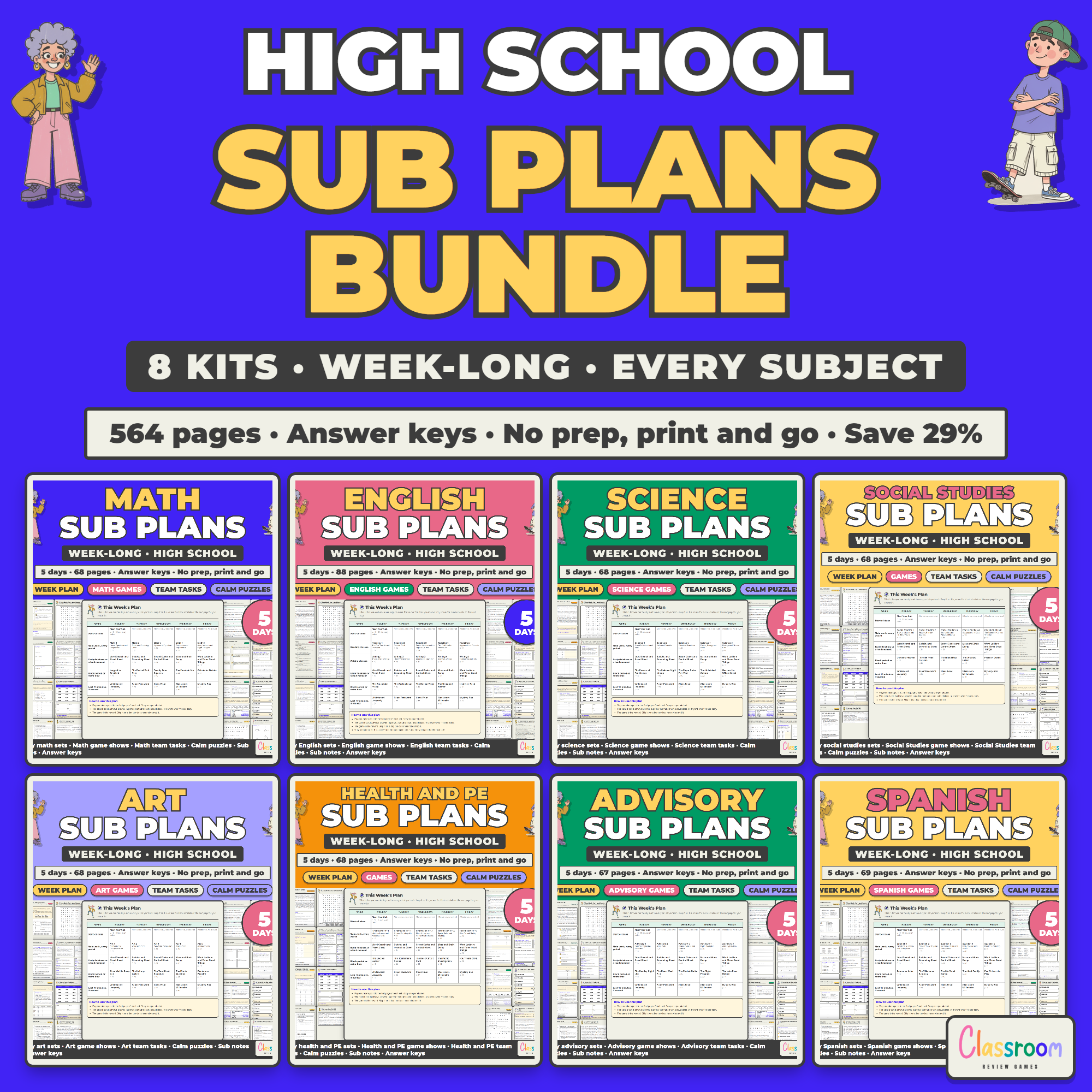 High School Sub Plans Bundle, 8 Week Long Emergency Sub Plans Kits for Every Subject, No Prep, 564 Pages