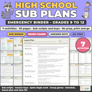 High School Sub Plans, Emergency Substitute Binder, 7 No Prep Activities