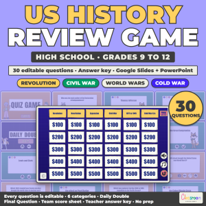 US History Review Game for High School, American History Quiz Game 9-12, Google Slides and PowerPoint