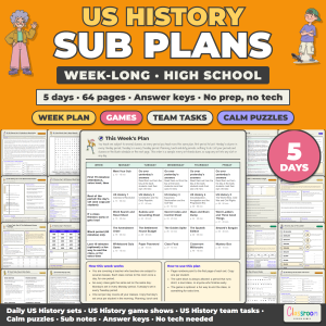 High School US History Sub Plans, Week Long Emergency Sub Plans, No Prep, 5 Days, 64 Pages
