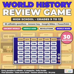 World History Review Game for High School, World History Quiz Game 9-12, Google Slides and PowerPoint