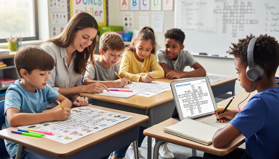 Students of diverse learning needs working independently and with support materials in a classroom