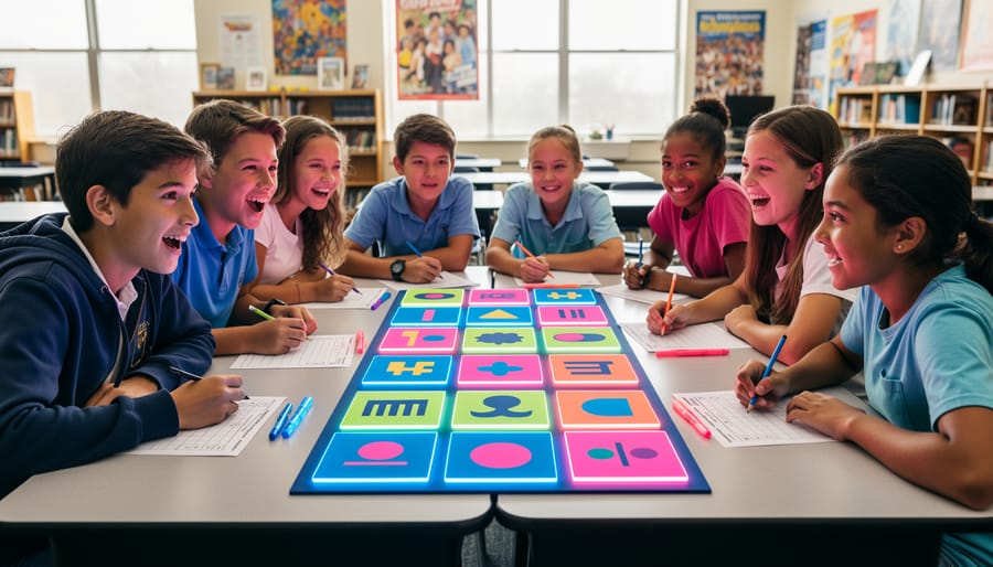 Diverse students leaning over a classroom game table with a colorful Jeopardy-style board during a K-pop trivia review activity.