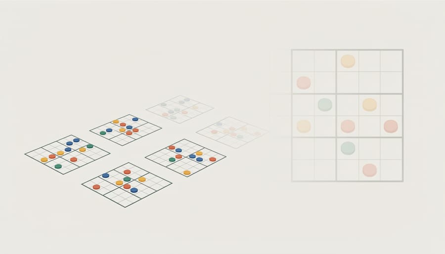 Color counters on a small grid puzzle board representing a kid-friendly Sudoku challenge