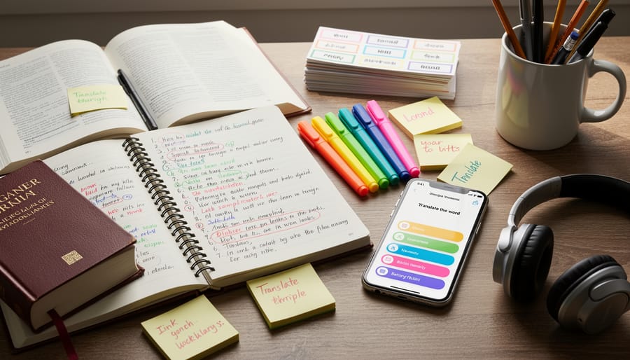 Desk with blank flashcards, a turned-away phrasebook, and warm lighting for language learning.