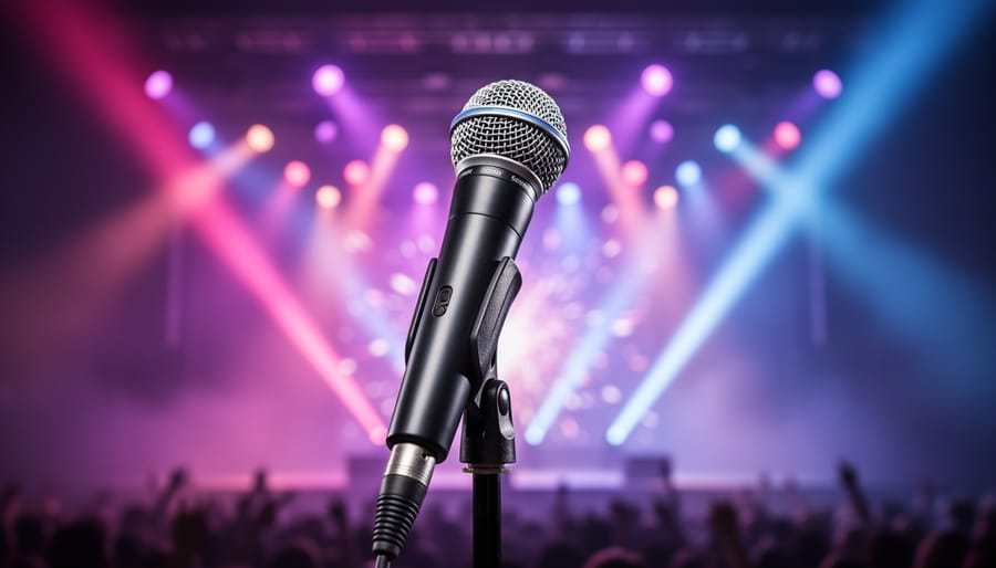 Microphone on a stage stand with dramatic concert lighting beams in the background.