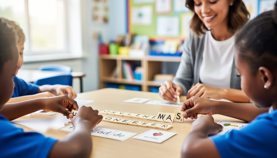Children’s hands arranging letter tiles and spelling cards at a classroom table while a teacher watches and smiles, representing interactive learning word games.