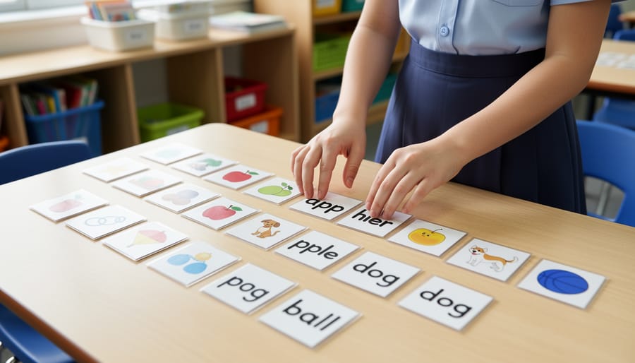 Close-up of letter tiles and flashcards on a classroom table with a timer and teacher’s hand arranging them