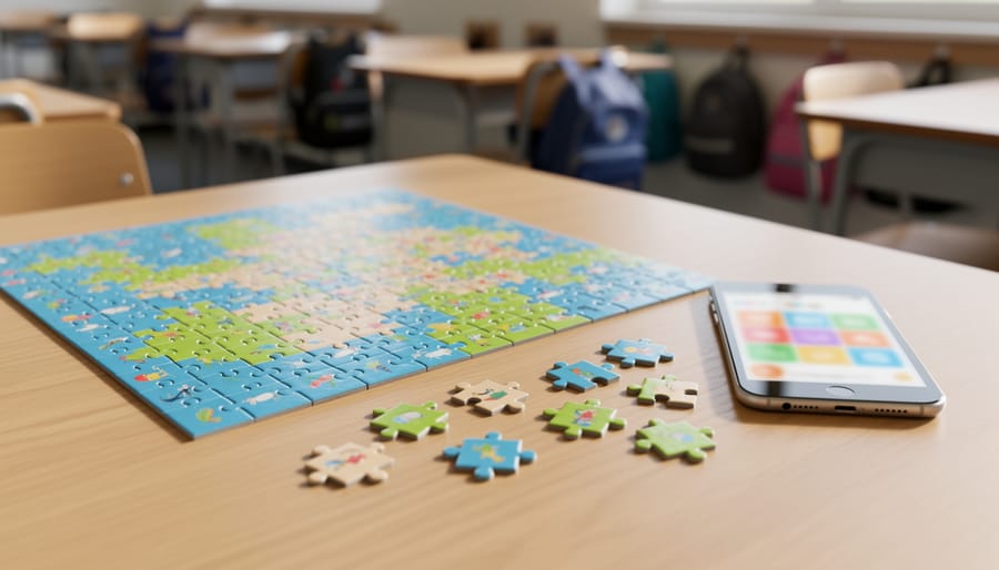 “Completed jigsaw puzzle on a classroom table with a few puzzle pieces nearby and a tablet showing a blurred puzzle interface.”