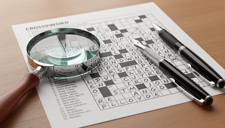Open crossword puzzle book on a table with a magnifying glass and pens nearby in warm sunlight