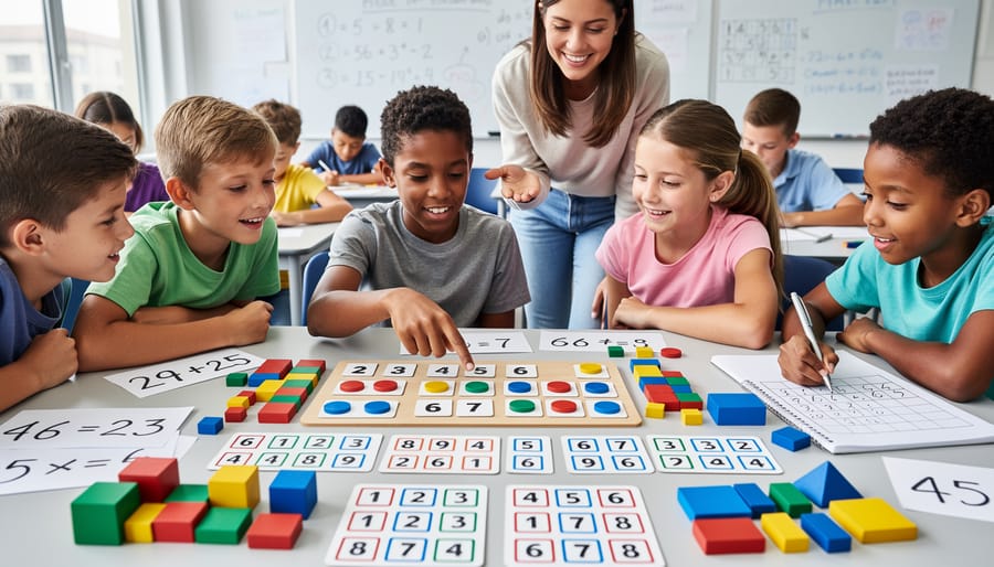 Student working on a math logic puzzle using colored pencils, blocks, and cards on a desk