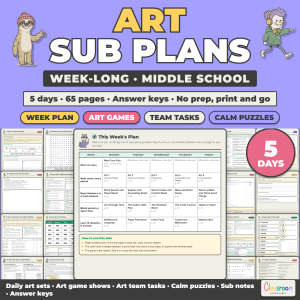 Middle School Art Sub Plans, Week Long Emergency Sub Plans, No Prep, 5 Days, 65 Pages