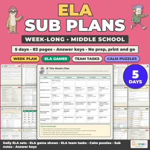 Middle School ELA Sub Plans, Week Long Emergency Sub Plans, No Prep, 5 Days, 83 Pages