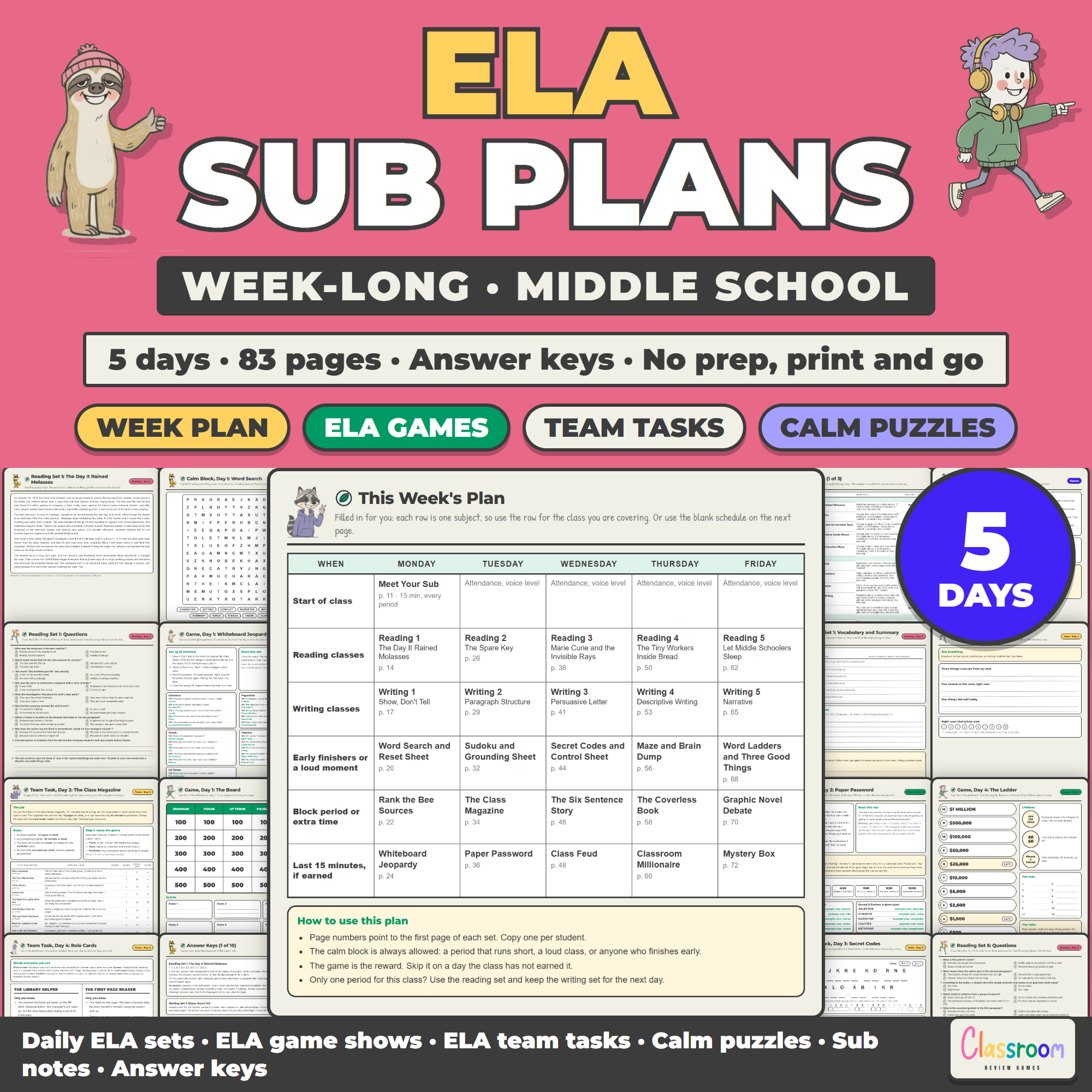 Middle School ELA Sub Plans, Week Long Emergency Sub Plans, No Prep, 5 Days, 83 Pages