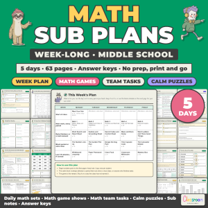 Middle School Math Sub Plans, Week Long Emergency Sub Plans, No Prep, 5 Days, 63 Pages