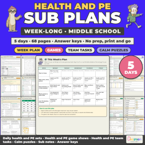 Middle School PE and Health Sub Plans, Week Long Emergency Sub Plans, No Prep, 5 Days, 68 Pages