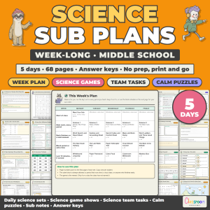 Middle School Science Sub Plans, Week Long Emergency Sub Plans, No Prep, 5 Days, 68 Pages