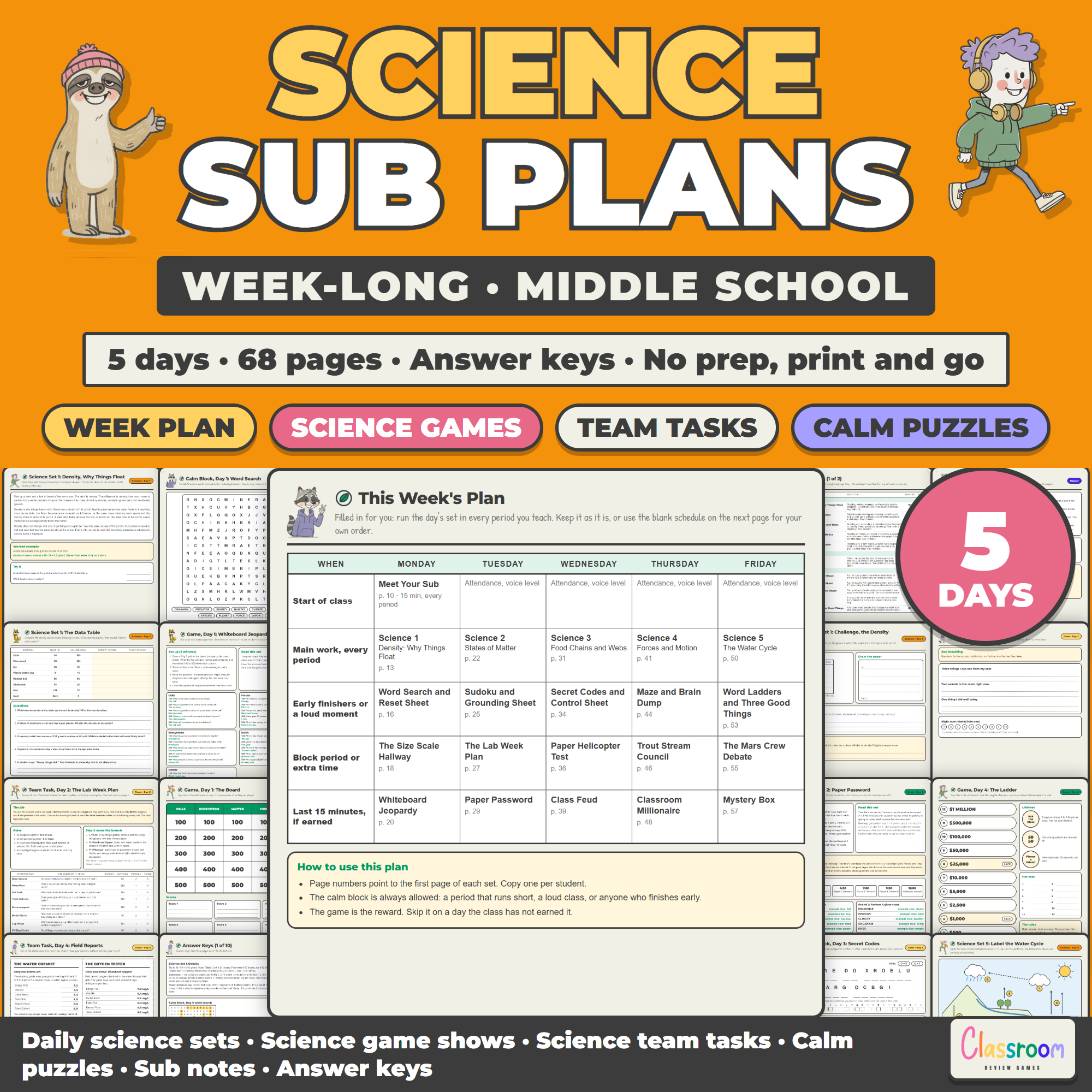 Middle School Science Sub Plans, Week Long Emergency Sub Plans, No Prep, 5 Days, 68 Pages