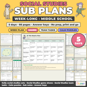 Middle School Social Studies Sub Plans, Week Long Emergency Sub Plans, No Prep, 5 Days, 66 Pages