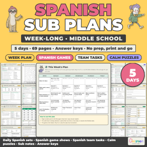 Middle School Spanish Sub Plans, Week Long Emergency Sub Plans, No Prep, 5 Days, 69 Pages