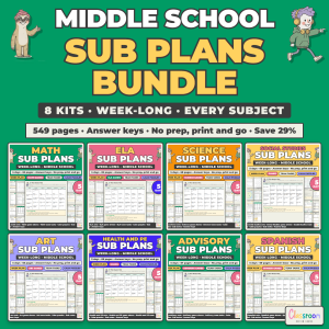 Middle School Sub Plans Bundle, 8 Week Long Emergency Sub Plans Kits for Every Subject, No Prep, 549 Pages