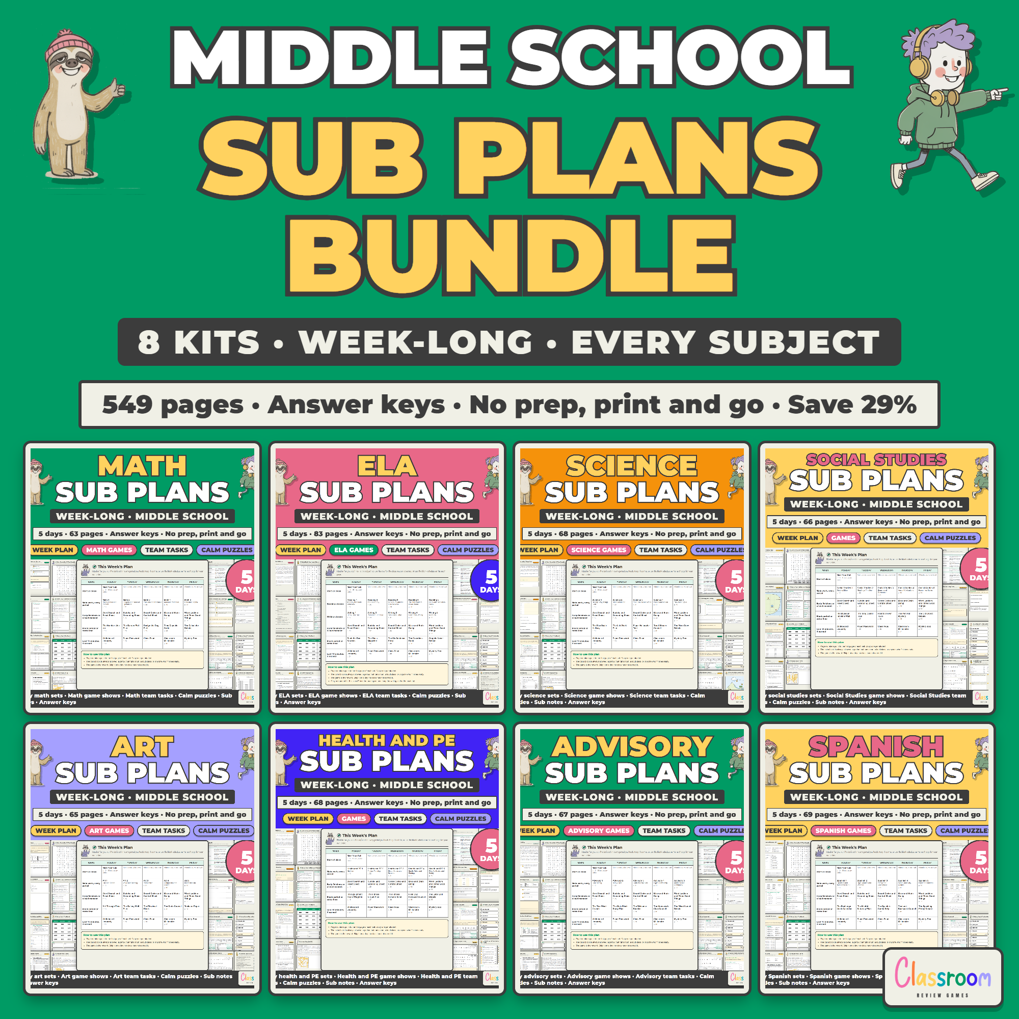 Middle School Sub Plans Bundle, 8 Week Long Emergency Sub Plans Kits for Every Subject, No Prep, 549 Pages
