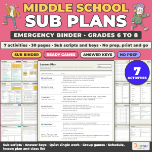 Middle School Sub Plans, Emergency Substitute Binder, 7 No Prep Activities