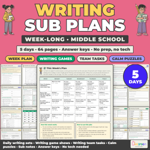 Middle School Writing Sub Plans, Week Long Emergency Sub Plans, No Prep, 5 Days, 64 Pages
