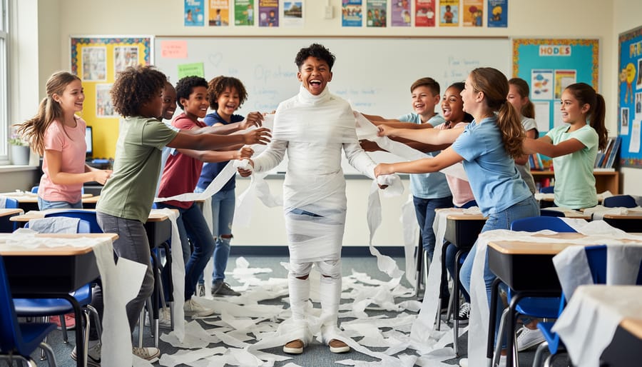 Students team up to wrap a classmate like a mummy with white toilet paper in a Halloween-decorated classroom.