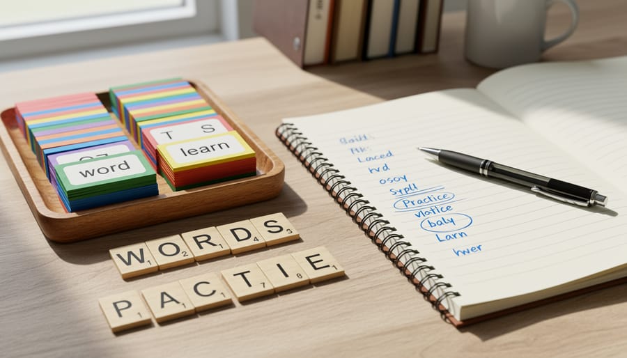 Hands writing in a notebook next to an open book and word game cards on a classroom desk