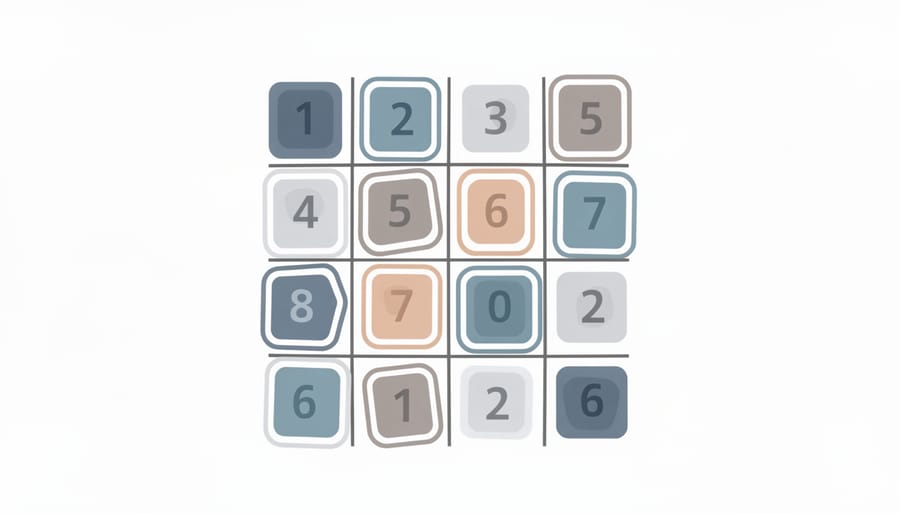 Hand arranging numbered glass tiles into clustered groups on a table