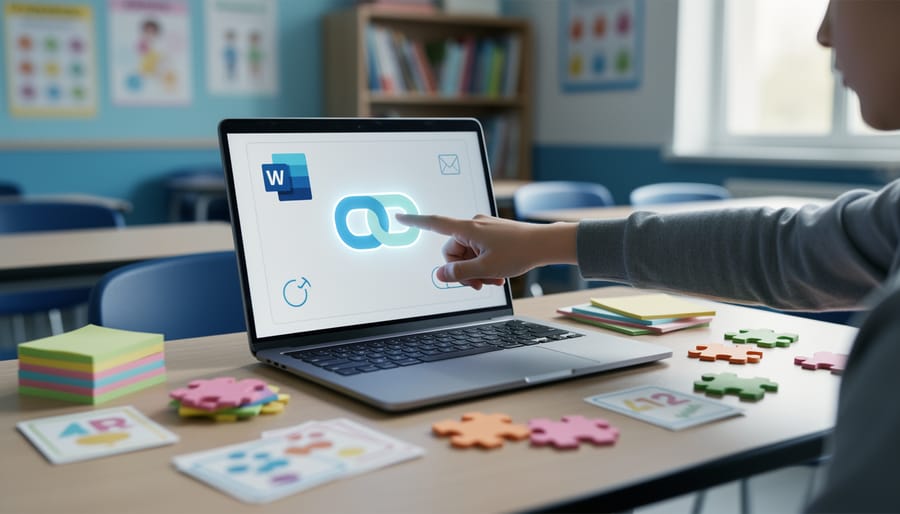 Student clicking an interactive slide on a laptop while puzzle materials sit on a classroom desk, representing a PowerPoint escape room game.