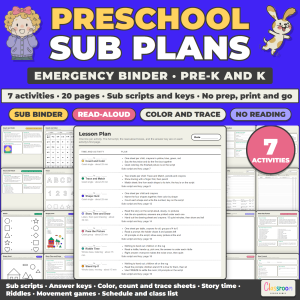 Preschool Sub Plans, Emergency Substitute Binder, 7 No Prep Activities