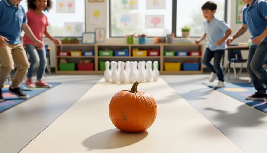 A small pumpkin and plastic bottle pins arranged on a classroom floor for indoor pumpkin bowling.