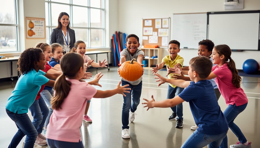 A small pumpkin is passed around a circle of students in a classroom for a Halloween hot-potato game.