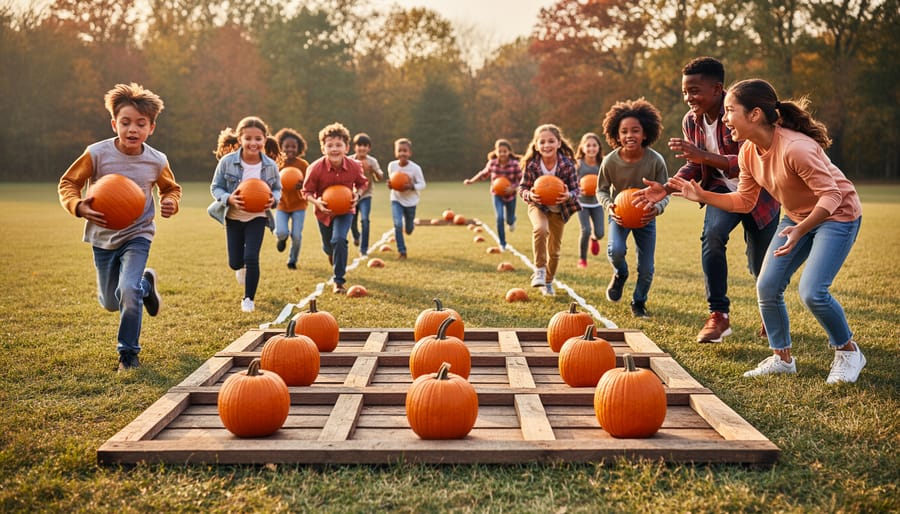 Students place orange pumpkin markers on a taped tic-tac-toe grid on the classroom floor.