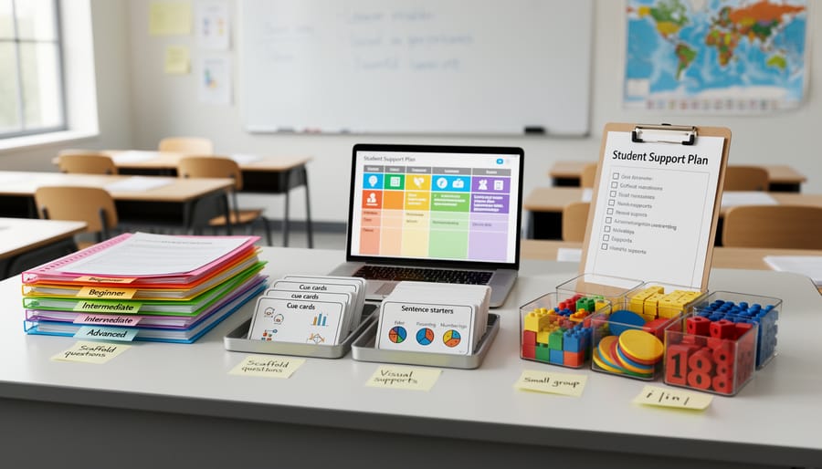 Close-up of organized learning materials on a teacher desk, including blank organizers and colored notes.