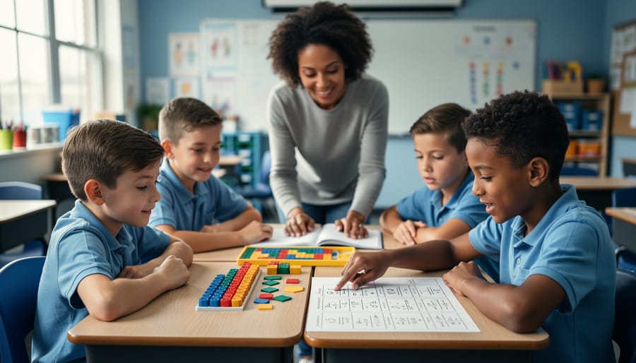 “Teacher and students collaborating at a desk with learning materials that represent scaffolding a standards-aligned skill progression.”