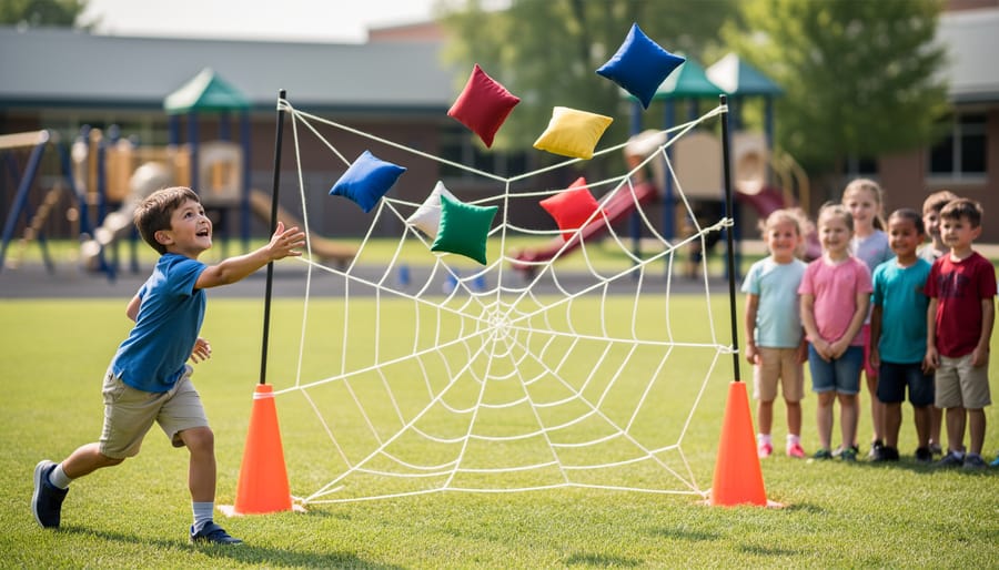 A string spider web target made between hula hoops with students tossing beanbags at it.