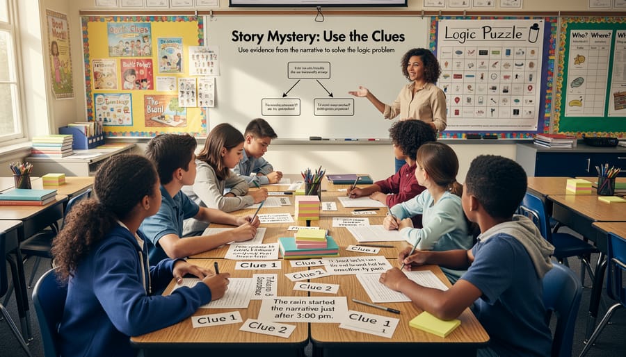 Student reading a mystery book with clue cards and an envelope on a desk
