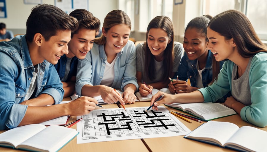 Students working together at a table using a printed crossword puzzle