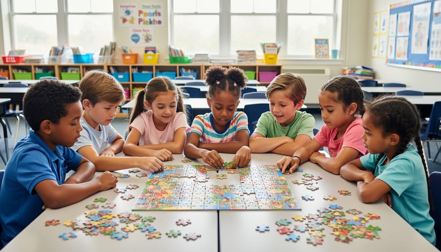 Students’ hands assembling a colorful jigsaw puzzle on a classroom table during a quiet brain break.