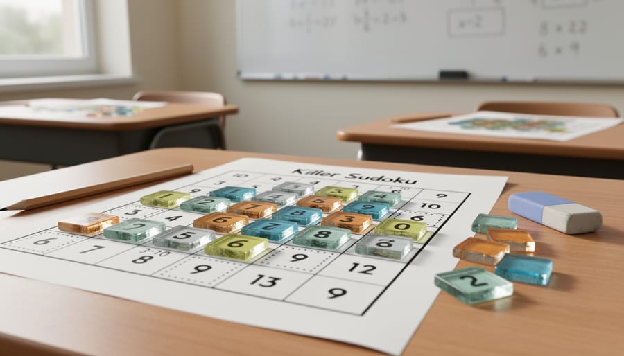 Numbered glass tiles grouped into clustered “cage” shapes on a classroom desk, representing Sudoku Killer logic puzzles.