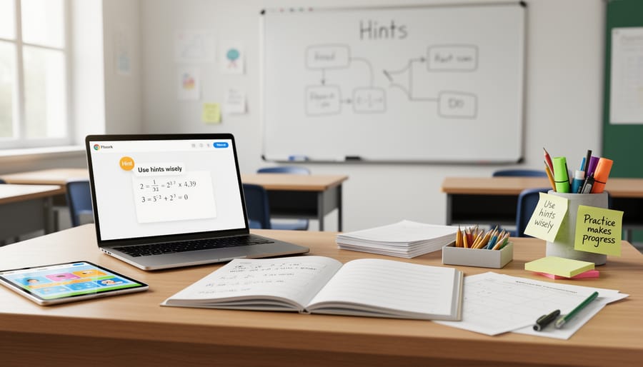 Tablet on a teacher’s desk beside an eraser, suggesting the availability of digital hint help without readable text