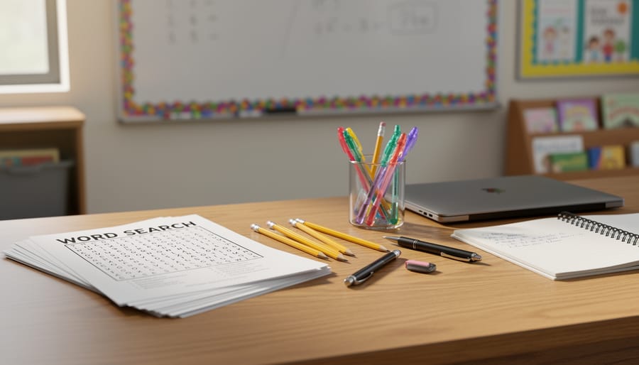 Teacher supplies on a desk including printed word search puzzle sheets and highlighters