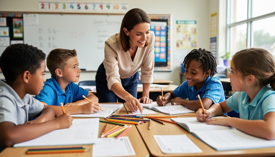 A teacher kneeling with students at a classroom table during guided practice.
