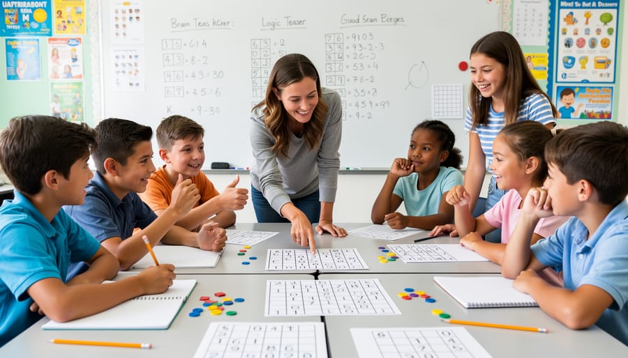 Teacher and students working together on logic puzzles in a classroom